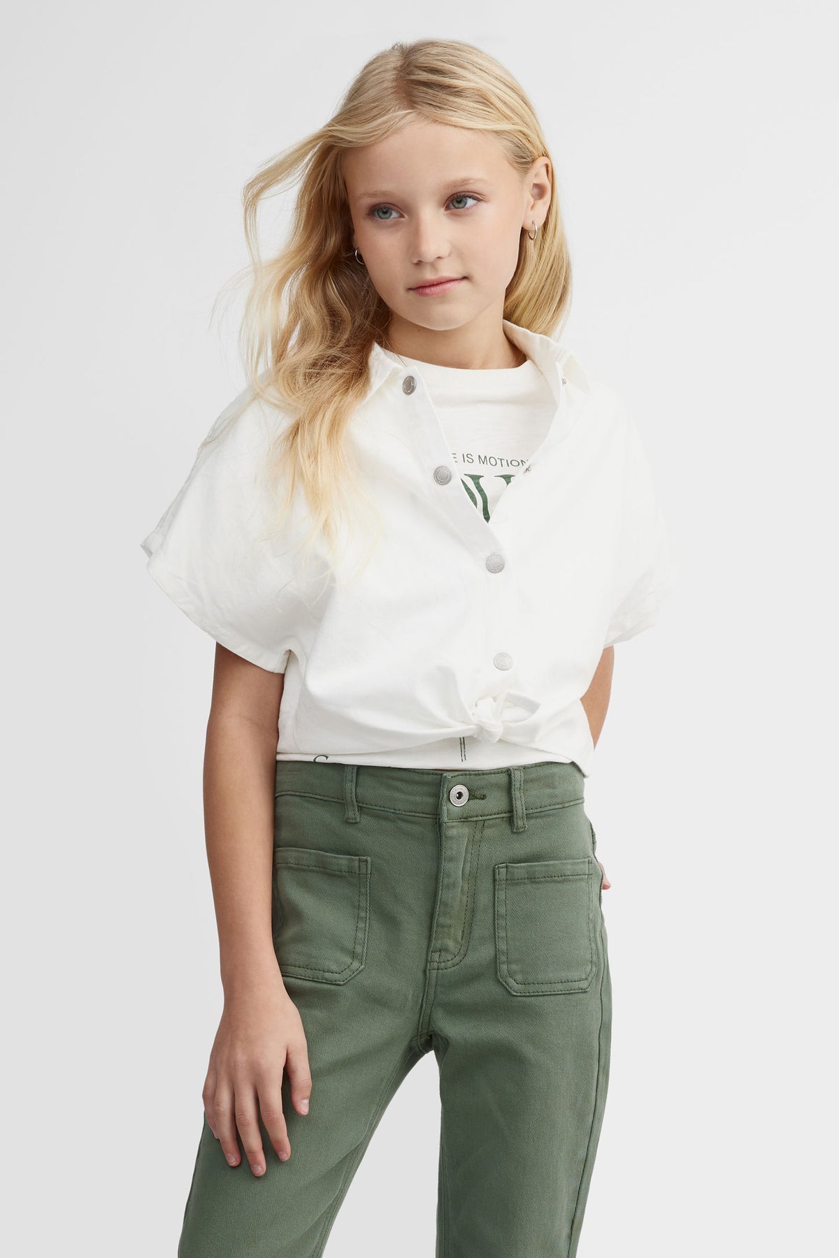 Chemisier manches courtes nouée en jeans - Ado fille && BLANC